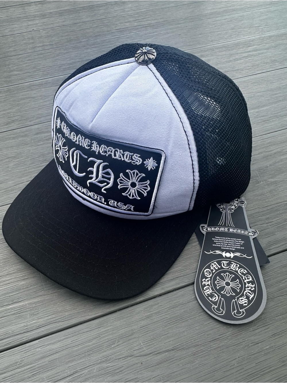 Chrome Hearts Black & White Mesh Logo Trucker Hat